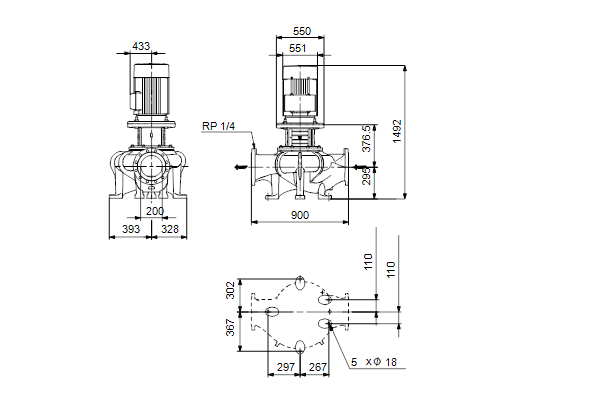 Grundfos TP 200-410/4 AFA-BQQE-VX3 dimensional drawing