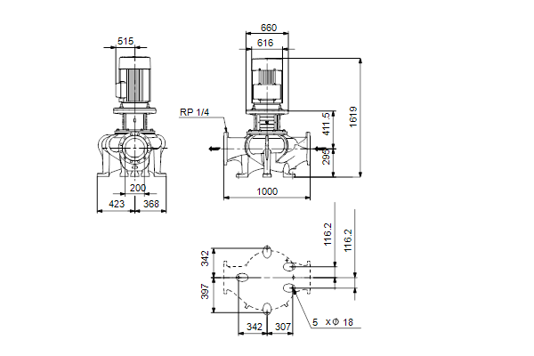 Grundfos TP 200-590/4 A-F-A-BQQE-1X3 maatschets