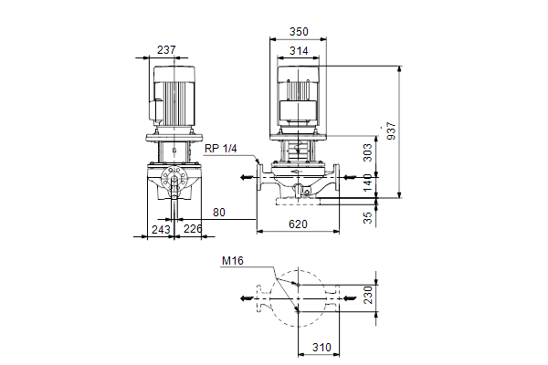 Grundfos TP 80-340/4 AFA-BQQE-NX3 dimensional drawing