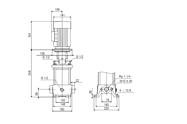 Grundfos CR 5-2 AAAE-HQQE dimensional drawing