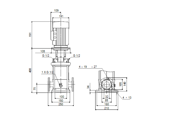 Grundfos CRN 1-10 A-FGJ-A-E-HQQE maatschets
