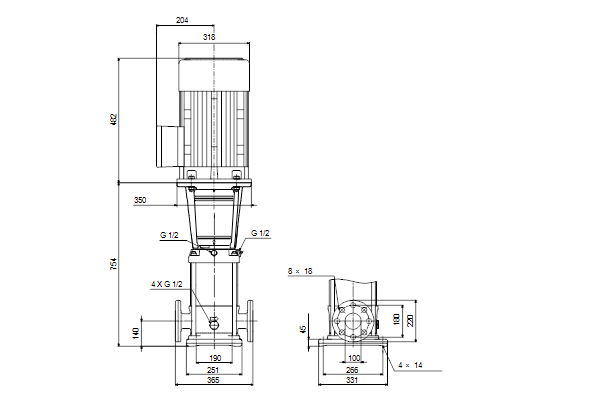 Grundfos CRN 64-2-1 AFAE-HQQE dimensional drawing