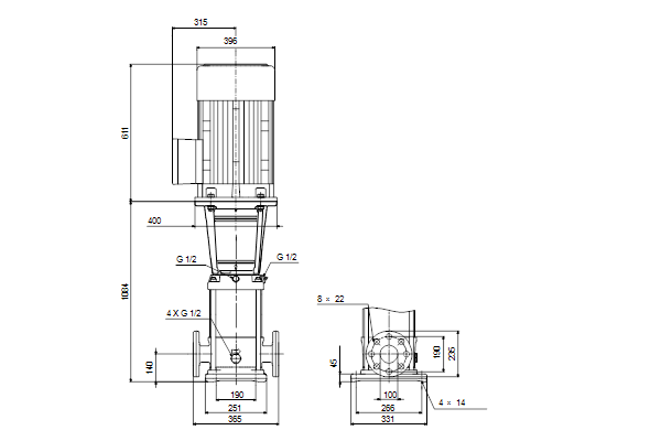 Grundfos CRN 64-6-2 AFAE-HQQE dimensional drawing