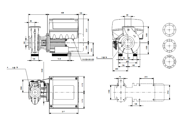 Grundfos NBE 32-200/219 S2ASF2ABQQE maatschets