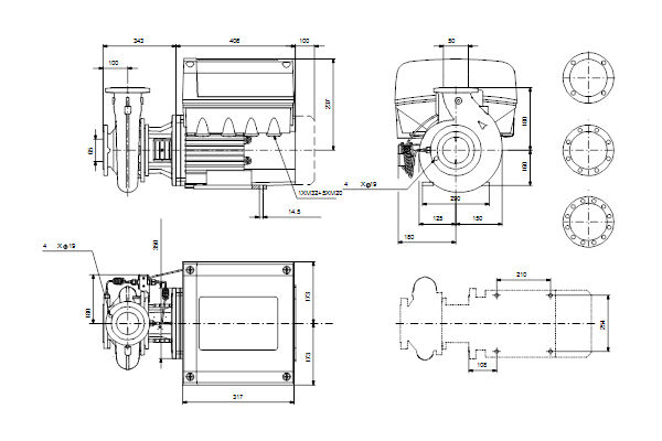 Grundfos NBE 50-160/167 S2AF2ABQQE dimensional drawing