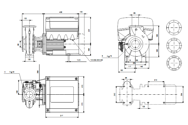 Grundfos NBE 65-125/144 S2AF2ABQQE maatschets