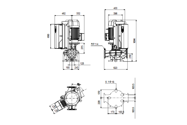 Grundfos TPE 125-360/2 SC-A-F-A-BQQE-RX1 maatschets