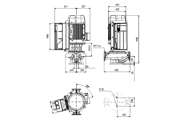 Grundfos TPE 125-400/4 NC-A-F-A-BQQE-RX3 maatschets