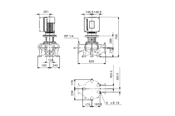 Grundfos TPE 125-95/4 A-F-A-BQQE-KDA maatschets