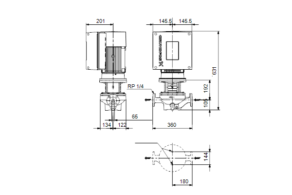 Grundfos TPE 65-210/2 AFA-BQQE-JDB dimensional drawing