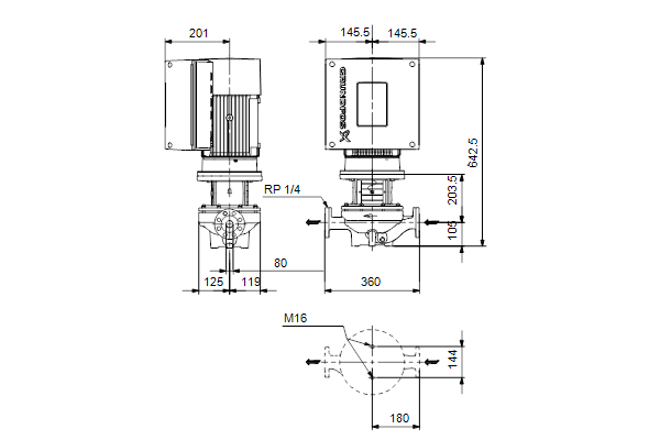 Grundfos TPE 80-180/2 S-A-F-A-BQQE-JDB maatschets