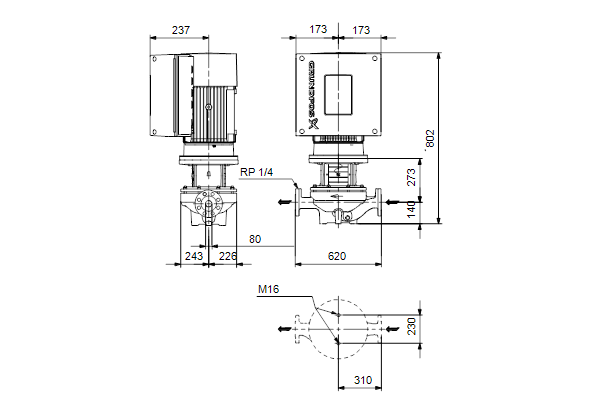 Grundfos TPE 80-240/4 A-F-A-BQQE-LDA maatschets