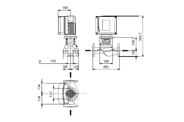 Grundfos TPE2 100-150 N-A-F-A-BQQE-HDB maatschets