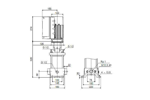 Grundfos CRE 1-17 A-A-A-E-HQQE maatschets