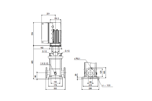 Grundfos CRE 15-3 NFAE-HQQE dimensional drawing
